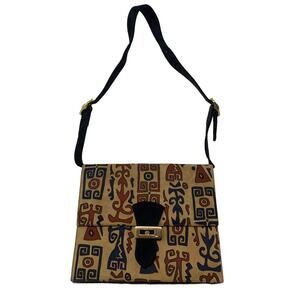 Saks Fifth Avenue Black Multicolor Suede Print Buckle Closure handbag